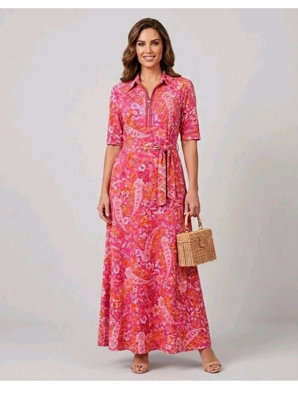 MSK Pink & Orange Paisley Maxi Shirt Dress